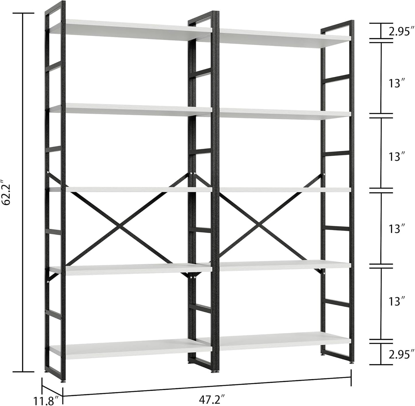 2 Pieces 5 Tiers Bookshelf, Classically Tall Bookcase Shelf, Industrial Book Rack, Modern Book Holder in Bedroom/Living Room/Home/Office, Storage Rack Shelves for Books/Movies-White-1