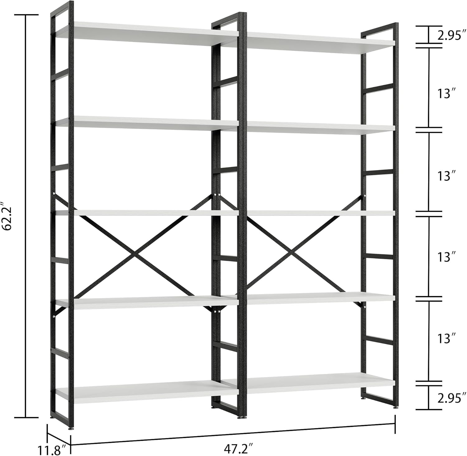 2 Pieces 5 Tiers Bookshelf, Classically Tall Bookcase Shelf, Industrial Book Rack, Modern Book Holder in Bedroom/Living Room/Home/Office, Storage Rack Shelves for Books/Movies-White-1