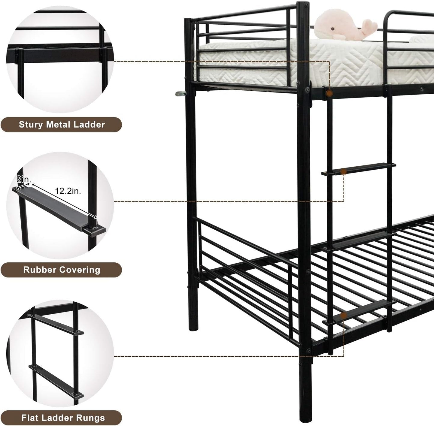 Bunk Bed Twin over Twin for Kids/Teens/Adults Heavy Duty Bunk Bed with Flat Ladder and 13 Inches High Guardrail, Metal Bunk Bed with Stairs, Black-2