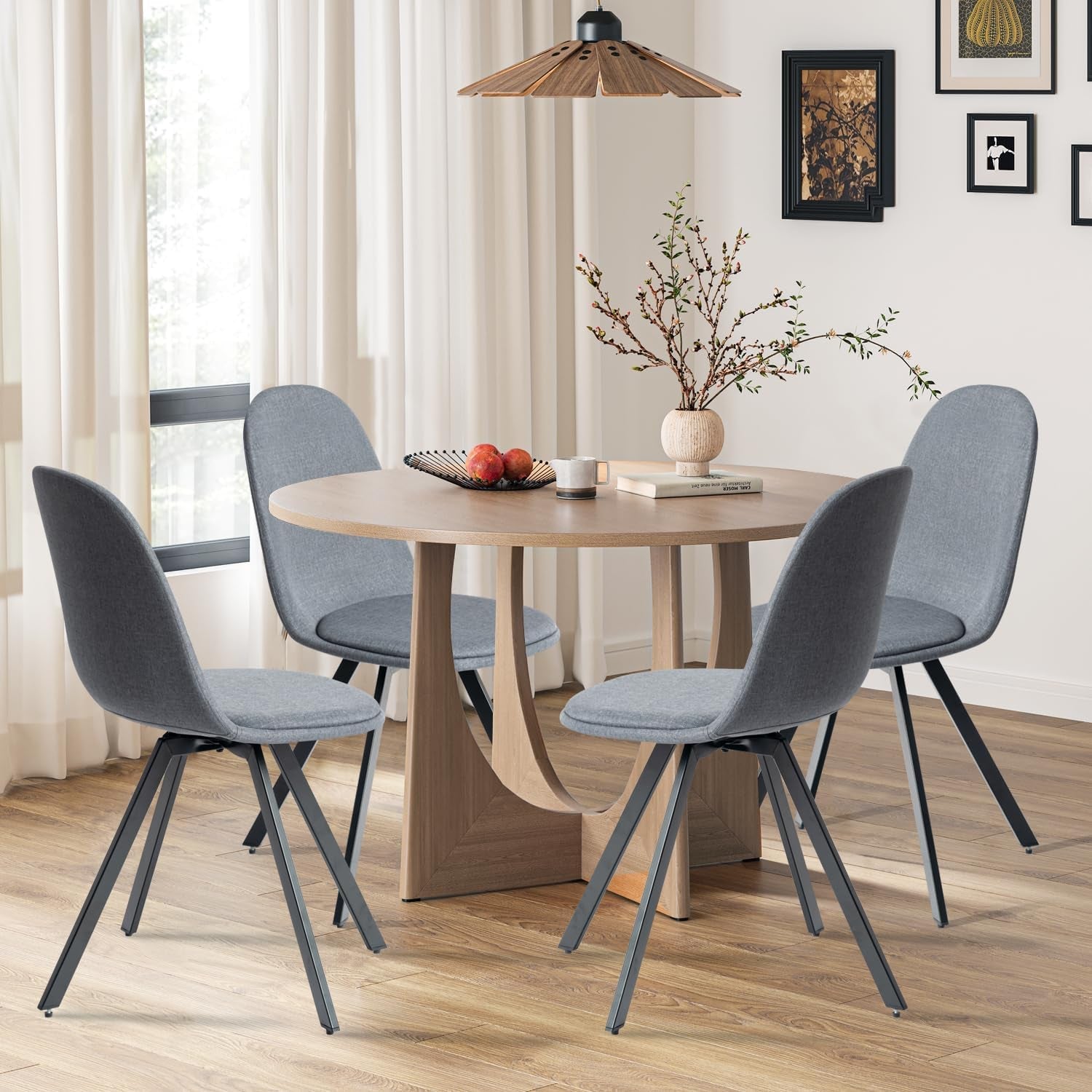 Dining Chairs Swivel Set of 4, Fabric Accent Side Chair Armelss Mid Back with Padded Rotated Seat Cushion and Metal Legs for Kitchen, Dining Room, Living Room, Bedroom, Slubbed Grey-3