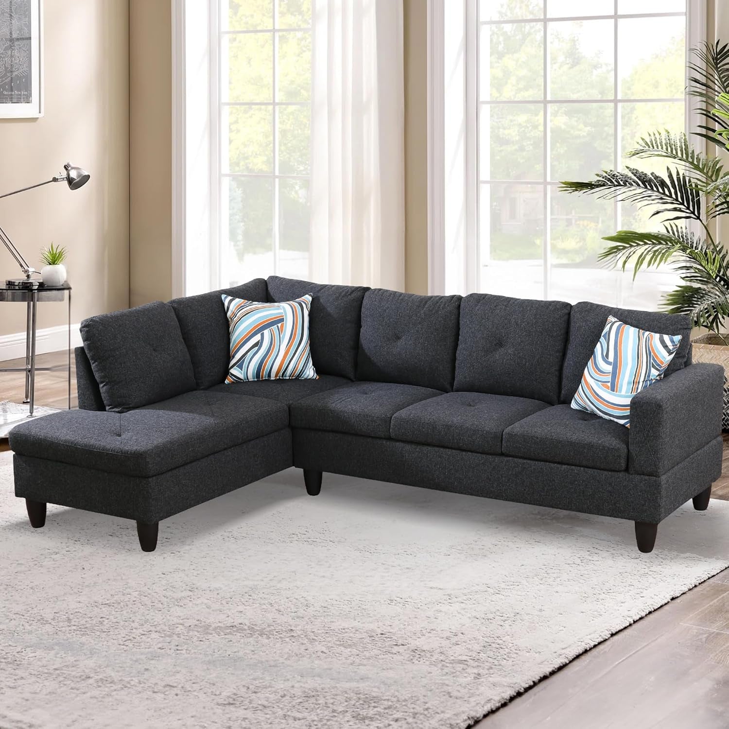 L-Shaped Sectional Sofa Set Luxurious Flannelette 5-Seat Couches, Durable and Comfortable, Space-Saving Design Perfect for Modern Living Room, Apartment, Black Grey-0