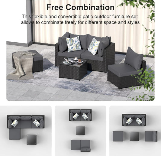 Patio Furniture Set Outdoor Sectional Sofa with Ottoman Wicker Couch Rattan Patio Modular Seating 5 Pieces Conversation Sets Front Porch Decor for Backyard, Balcony, Garden, Deck (Grey)-1