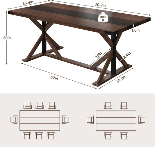 71" Farmhouse Dining Table for 5 6 8 People, Rectangular Kitchen Table W/Thickness Waterproof Wood Grain Tabletop (Brown, 71 X 35.4 X 30 In)-1