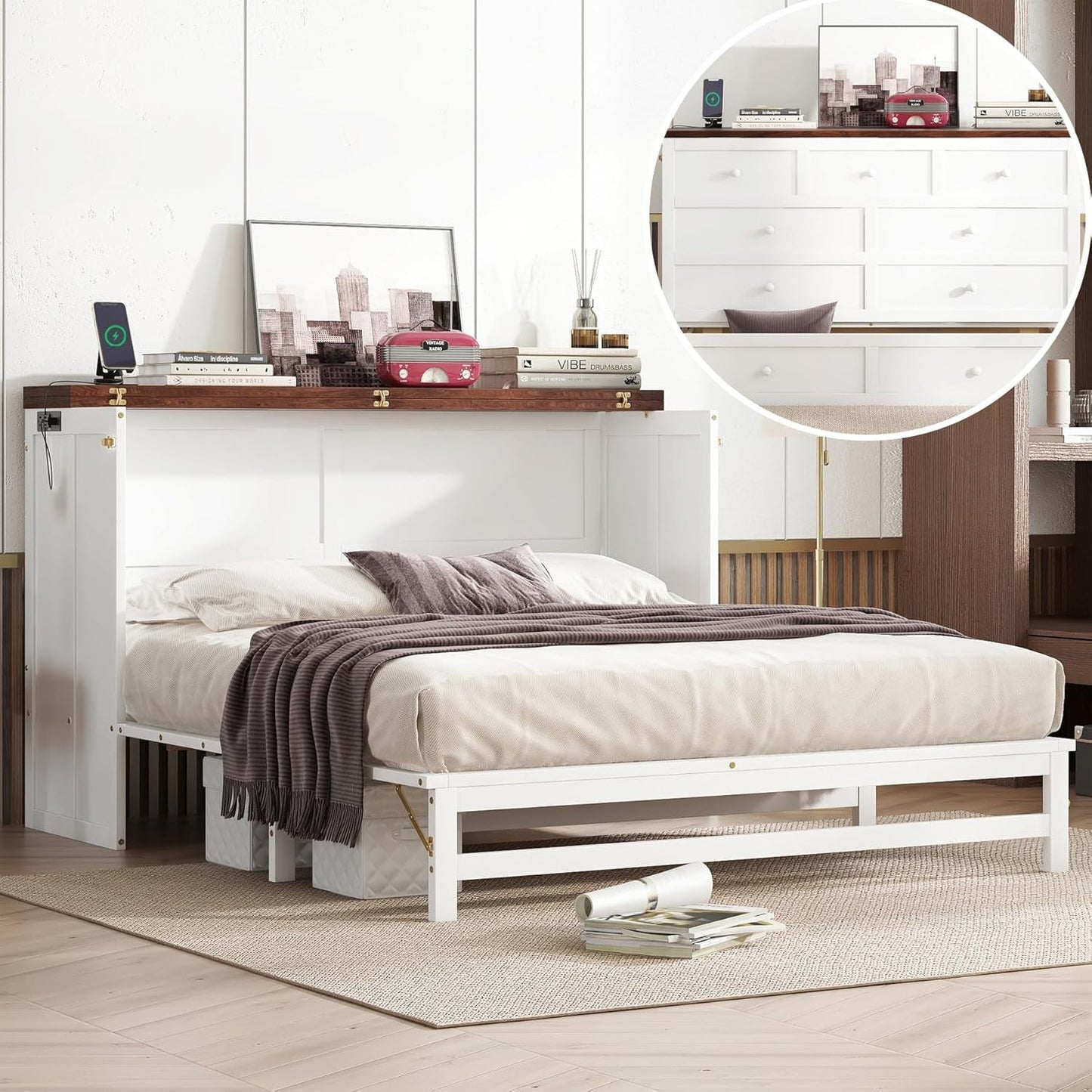 Queen Size Murphy Cabinet Bed with Desk and USB-Port-5