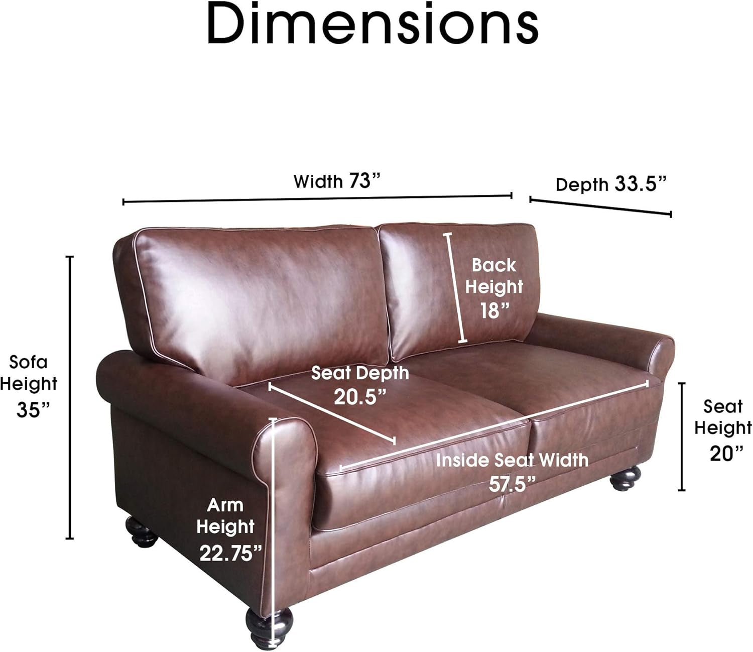 Copenhagen Rolled Arm, Durable Bonded Leather, Soft Pillow Back, Pocket Coil Seat Cushions, Loveseat or Couch for Small Spaces, Living Rooms or Bedrooms, 73" Sofa, Chestnut Brown-1