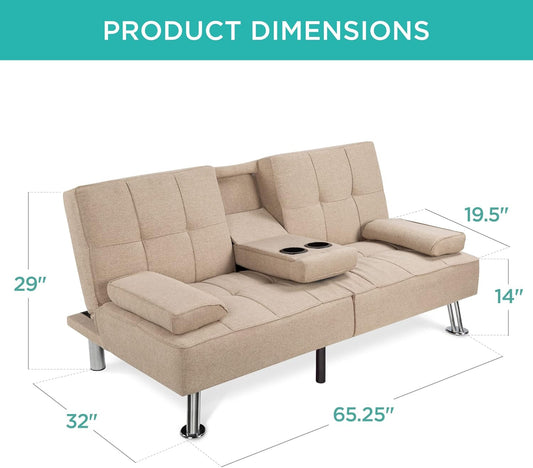 Linen Modern Folding Futon, Reclining Sofa Bed for Apartment, Dorm W/Removable Armrests, 2 Cupholders - Beige-1