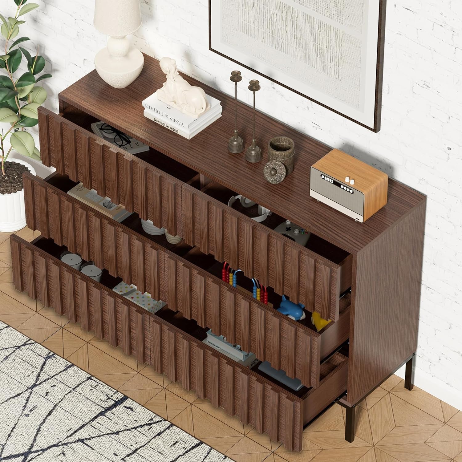 Walnut Dresser,Mid Century Modern Dresser,Brown Chest of Drawers for Bedroom,Fluted 6 Drawer Dresser with Metal Stand,Hallway(Dark Brown)-4