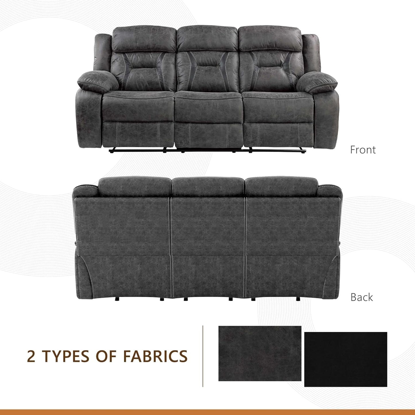 Reclining Couch, Polished Microfiber Manual Double Recliner Sofa, Gray-3