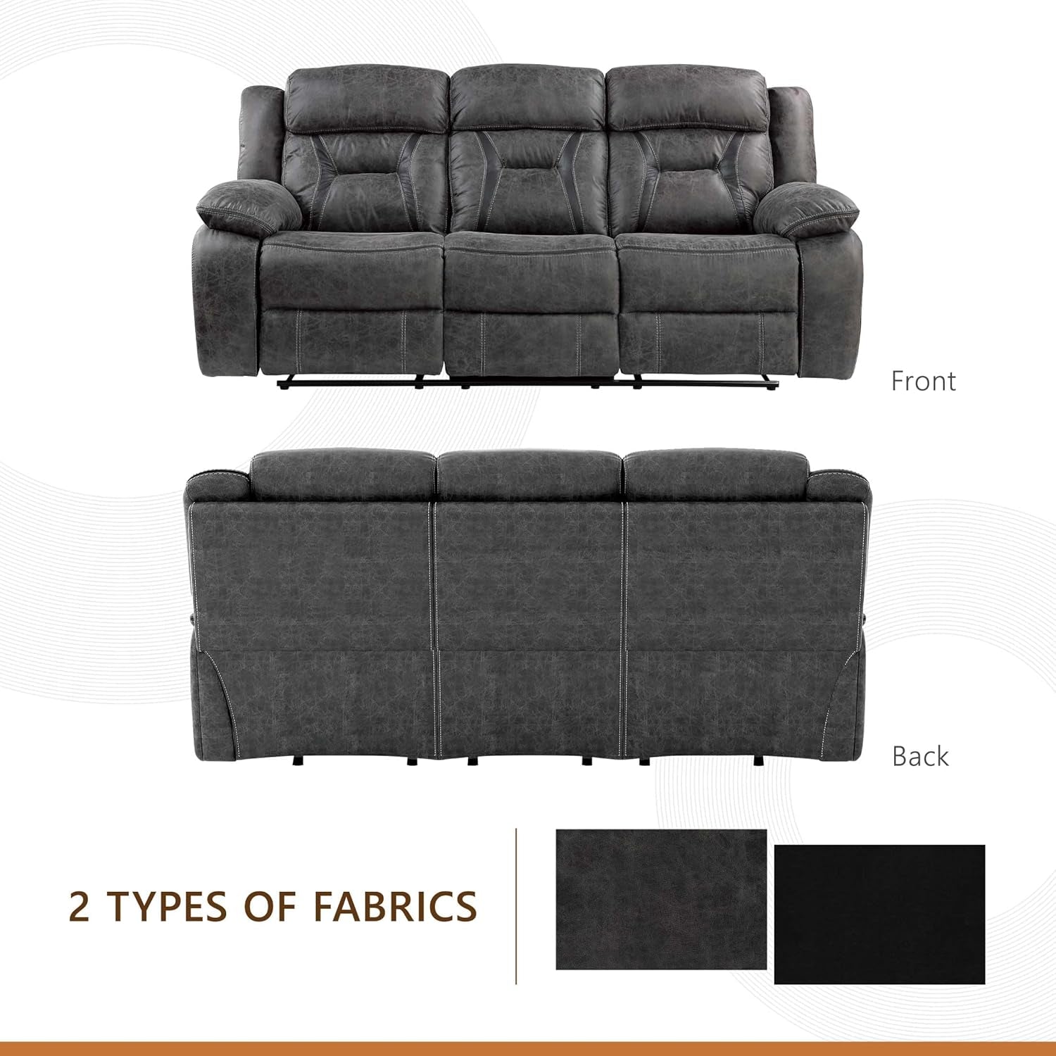 Reclining Couch, Polished Microfiber Manual Double Recliner Sofa, Gray-3