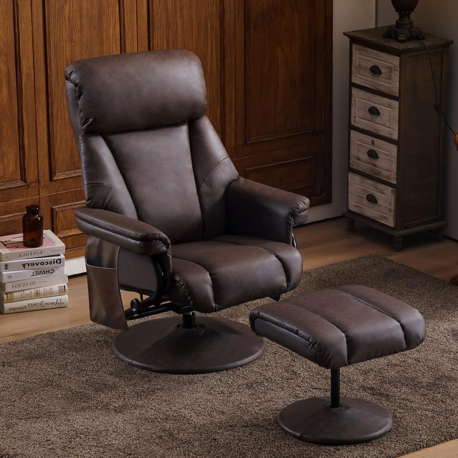 Swivel Recliner with Ottoman, TV Chair with Vibration Massage, Ideal for RV Small Space, Living Room & Bedroom 4539 4828 (Faux Leather, Dark Brown)-3