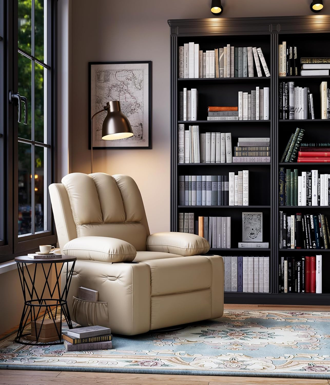 22'' Rocker Swivel Recliner Chair, Lazy Recliner for Adults, with 1.5X Sponge Filling, Side Pocket, and Cup Holder, for Living Room, Bedroom, and Nursery, Creamy-2