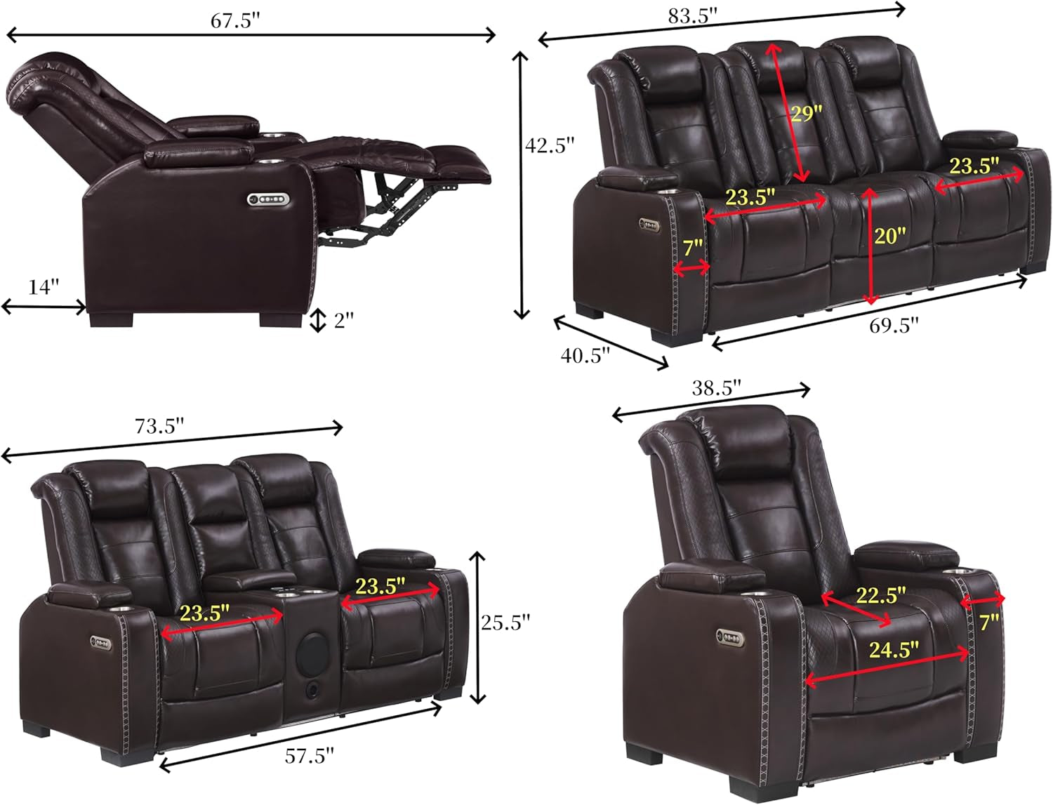 Breather Leather Power Recliner Sofa Couch Set with Adjustable Headrest and Cup Holders, Reclining Couches with Bluetooth Speaker and Wireless Charging for Living Room. Brown-1