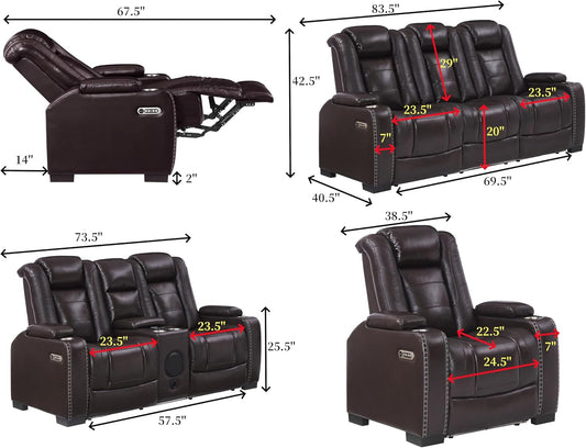 Breather Leather Power Recliner Sofa Couch Set with Adjustable Headrest and Cup Holders, Reclining Couches with Bluetooth Speaker and Wireless Charging for Living Room. Brown-1