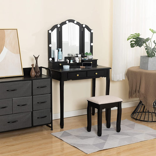 Black Vanity Set with Lighted Tri-Fold Mirror-0