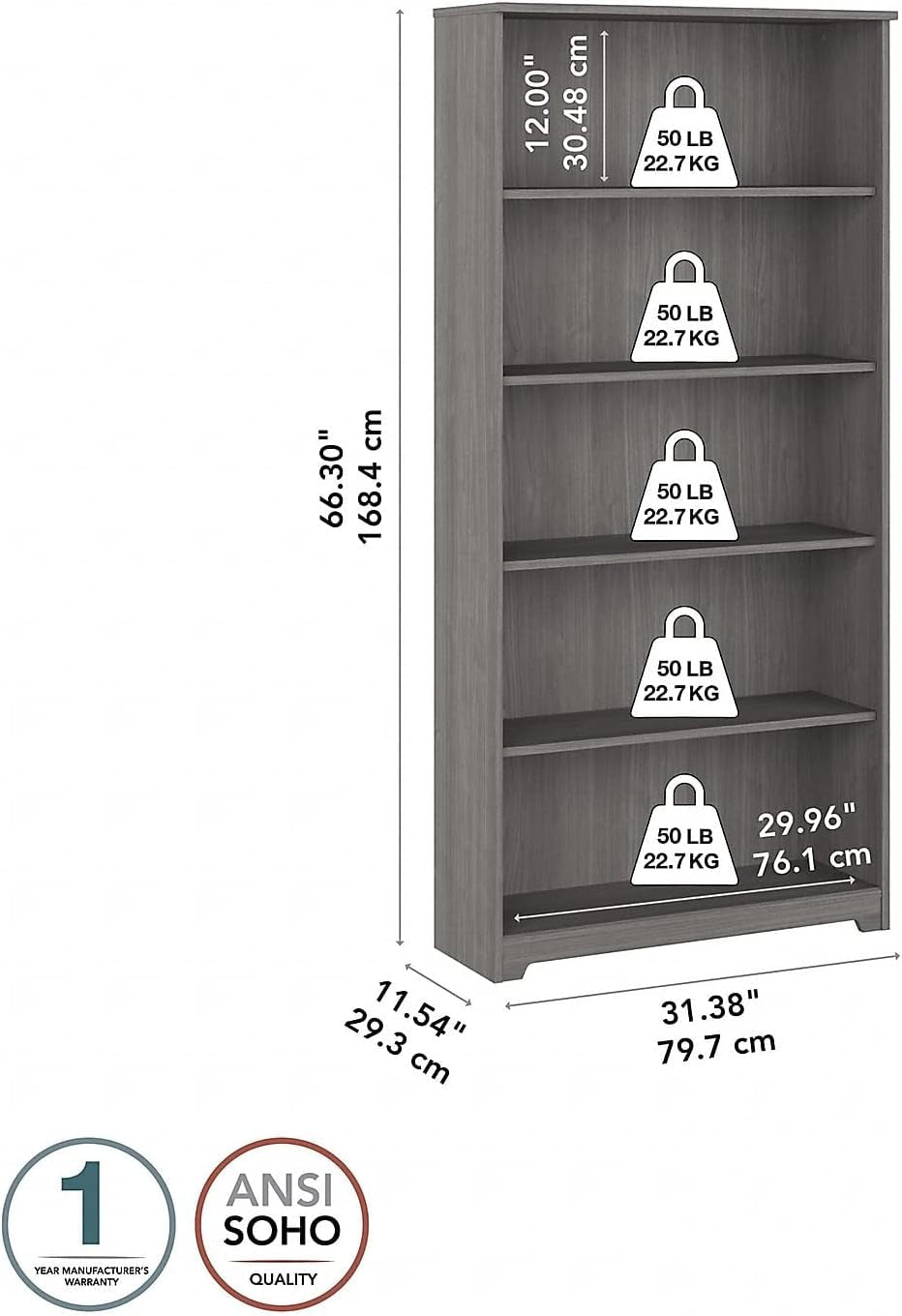 Bush Furniture Cabot Tall 5 Shelf Bookcase | Large Open Bookshelf in Modern Gray | Sturdy Display Cabinet for Library, Living Room, and Home Office-2