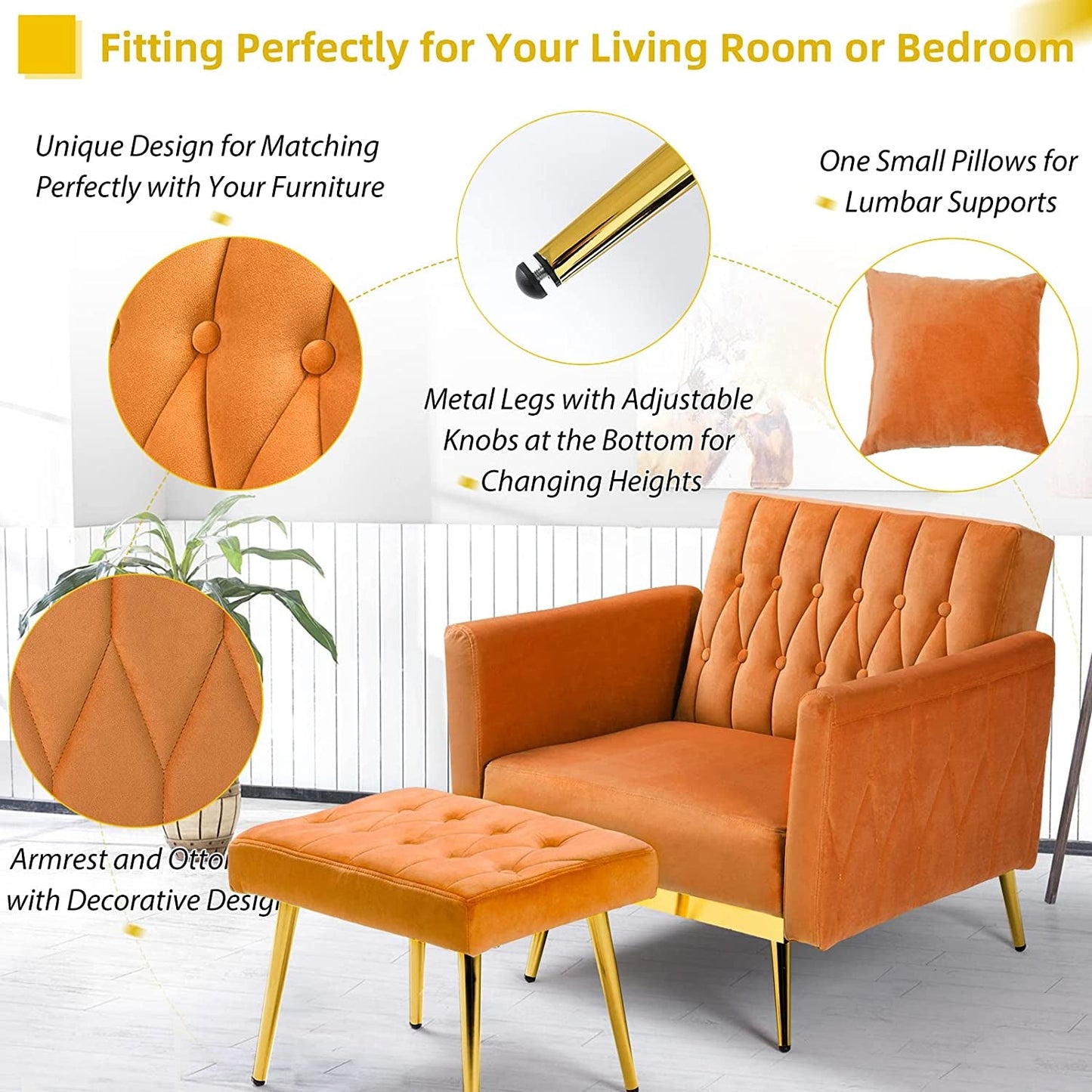 Adjustable Velvet Armchair with Ottoman, Orange-3