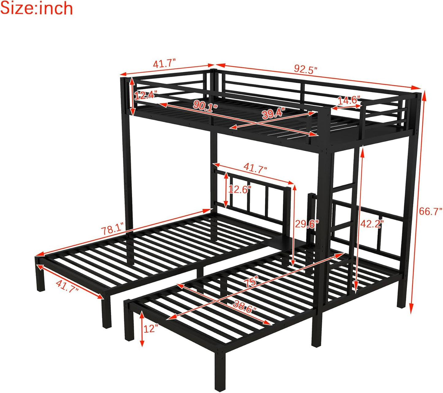 Triple Bunk Bed for Kids, Detachable Metal Twin over Twin over Twin Bunk Bed with Guardrails, Built-In Ladder, Shelf, Converts to 3 Separate Twin Beds, Easy Assembly, Black-1