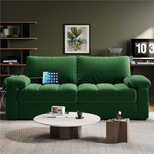 79" Velvet Couch, Comfy Sofa with Pocket Coils, Deep Seat, Storage Pockets and USB Ports, 2 Seater Modern Loveseat Sofas with Removable Cover, Pillow Top Arms for Living Room Apartment Green-0