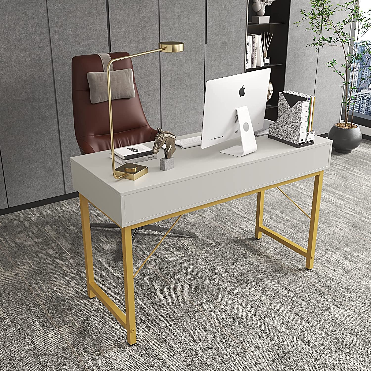 White Home Office Desk with Drawer and Monitor Stand-2