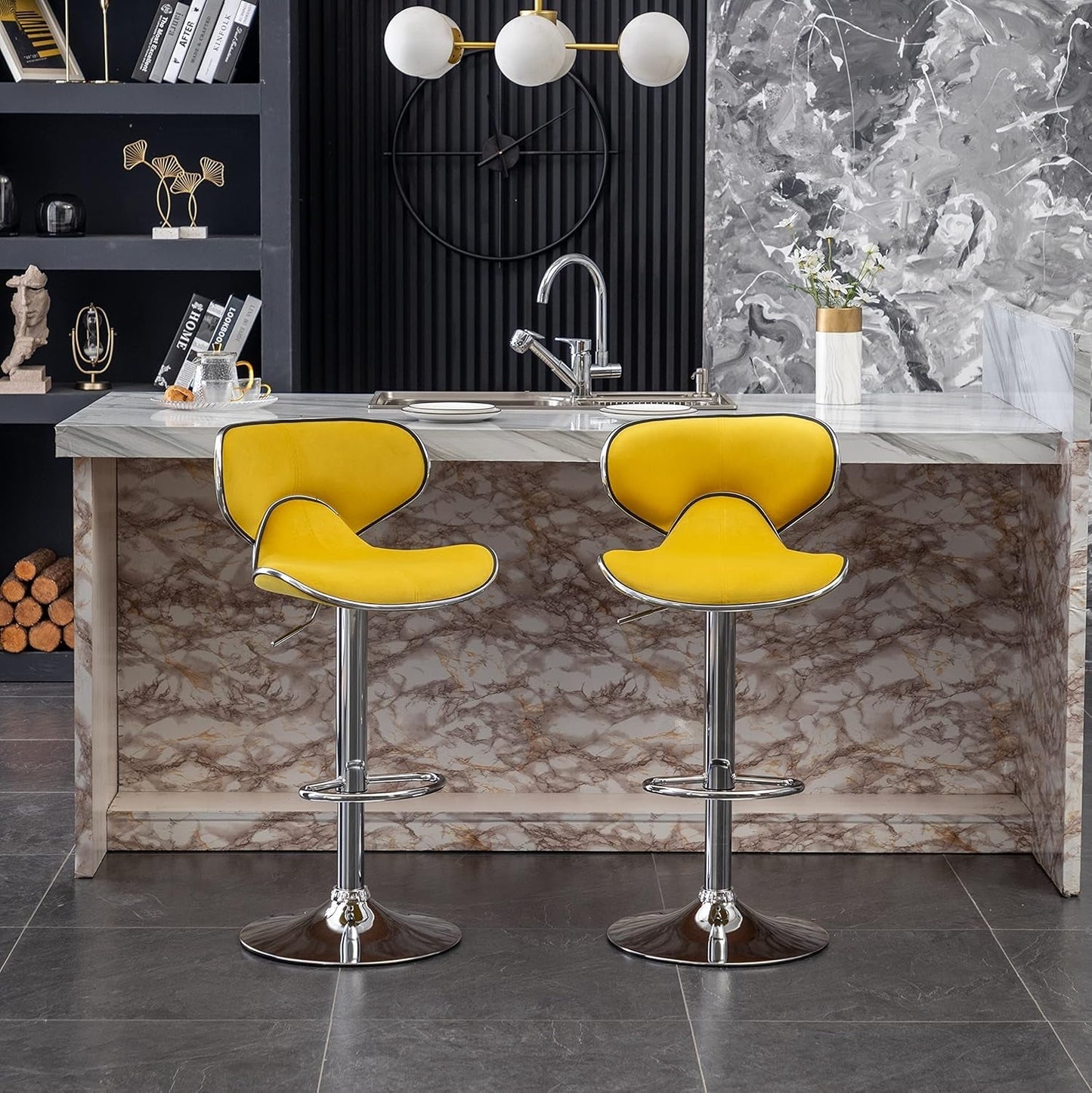 Masaccio Velvet Upholstered Adjustable Swivel Barstool, Set of 2, Yellow-2