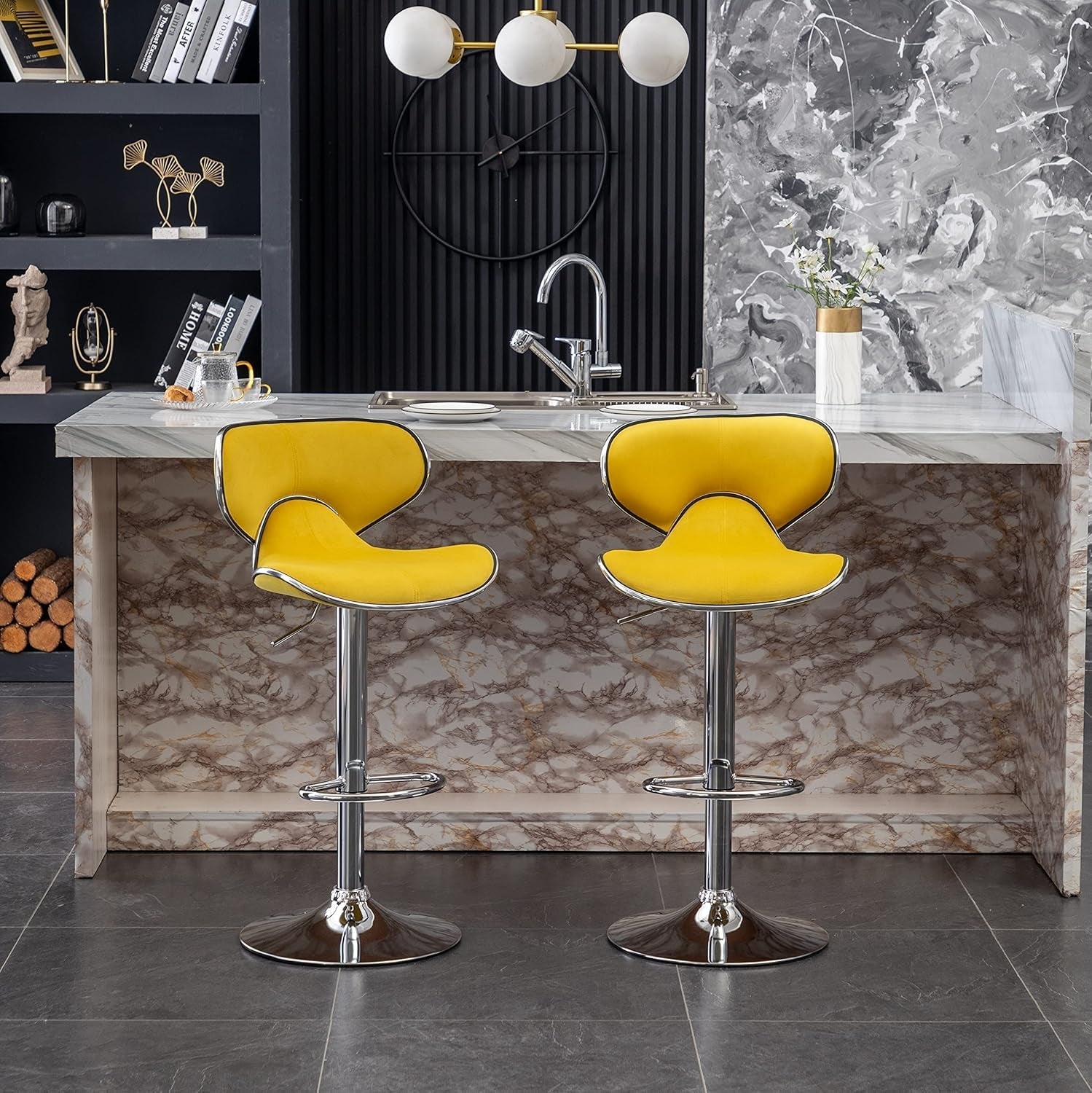 Masaccio Velvet Upholstered Adjustable Swivel Barstool, Set of 2, Yellow-2