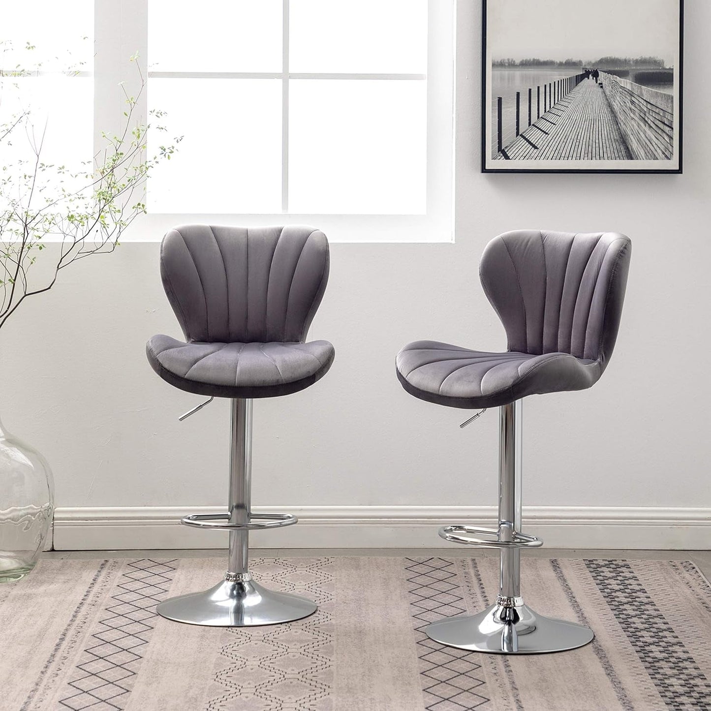 Ellston Velvet Adjustable Swivel Barstools in Gray, Set of 2, Grey-2