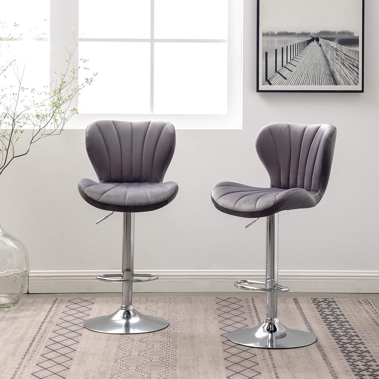 Ellston Velvet Adjustable Swivel Barstools in Gray, Set of 2, Grey-2