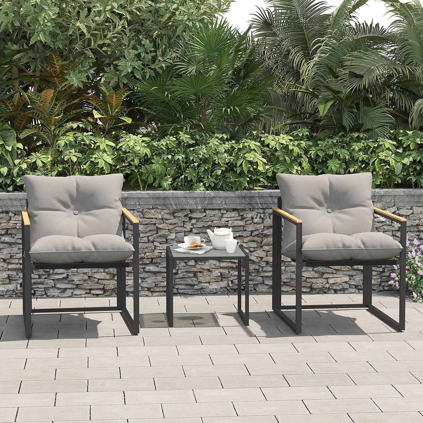 Patio Outdoor Furniture 3 Pcs Bistro/Converstation Set with 2 Chairs and 1 Coffee Table, Together with Cushions&Backrest, for Patio, Indoor, Garden, Balcony, Poolside, Bistro-2