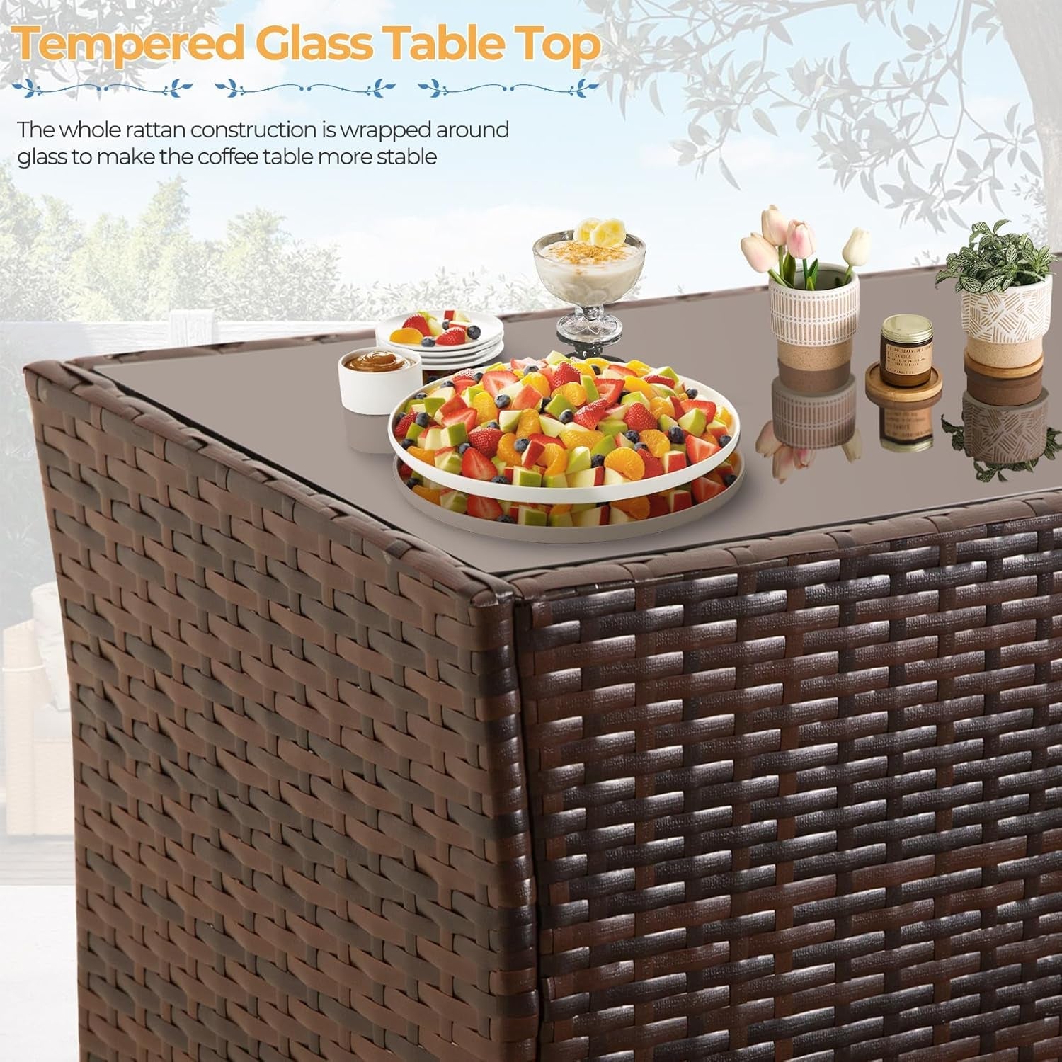 4 Piece Outdoor Patio Furniture Sets, Wicker Sectional Conversation Sofa Set, Rattan Table and Chairs and Loveseat with Cushions for outside Balcony Porch Backyard (Brown-Blue)-4