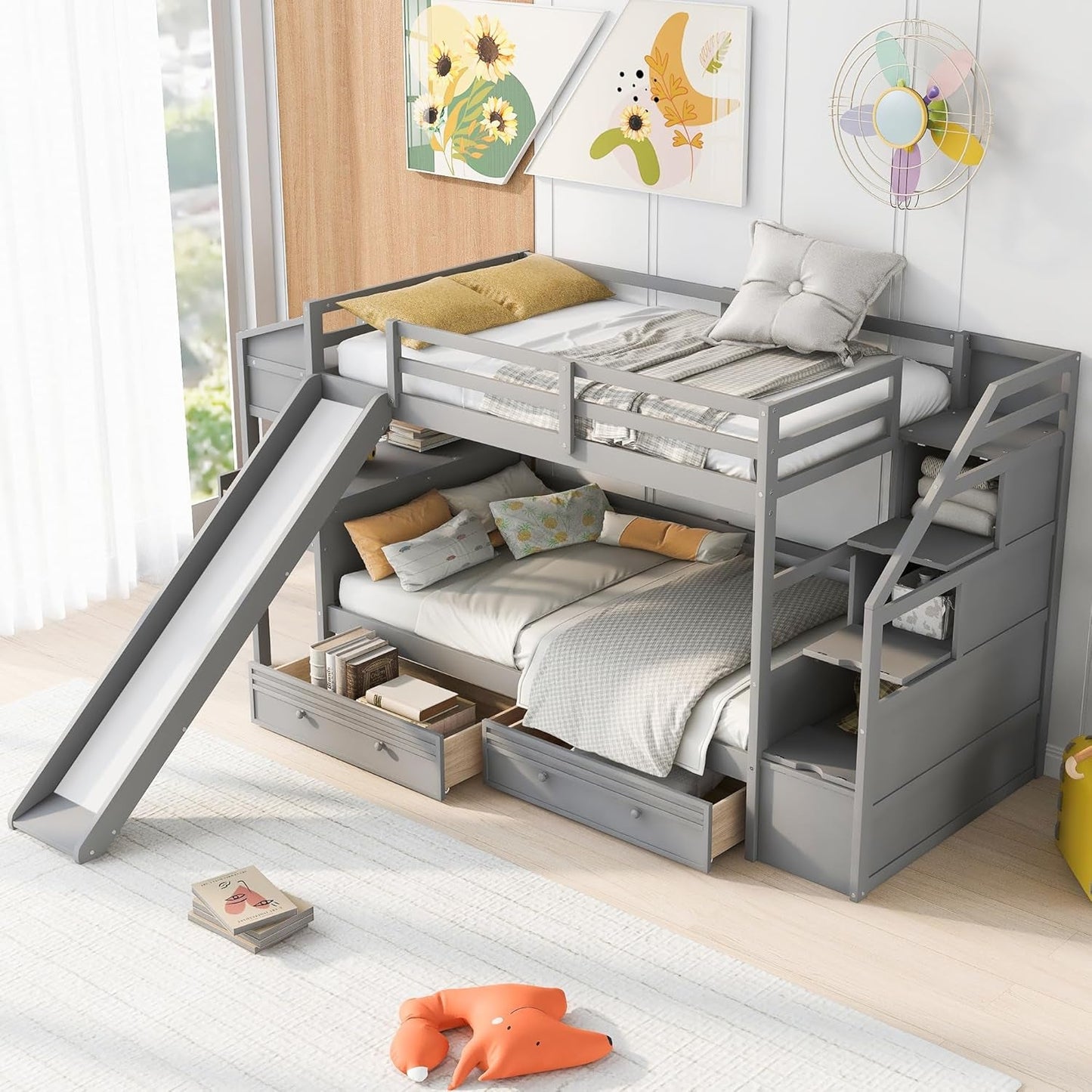 Twin over Twin Bunk Bed with 4 Drawers and Storage Staircase, Wood Bed Frame with Desk and Shelves, Twin Beds with Slide and Full-Length Guardrails for Kid'S Room or Dormitory, Gray-2