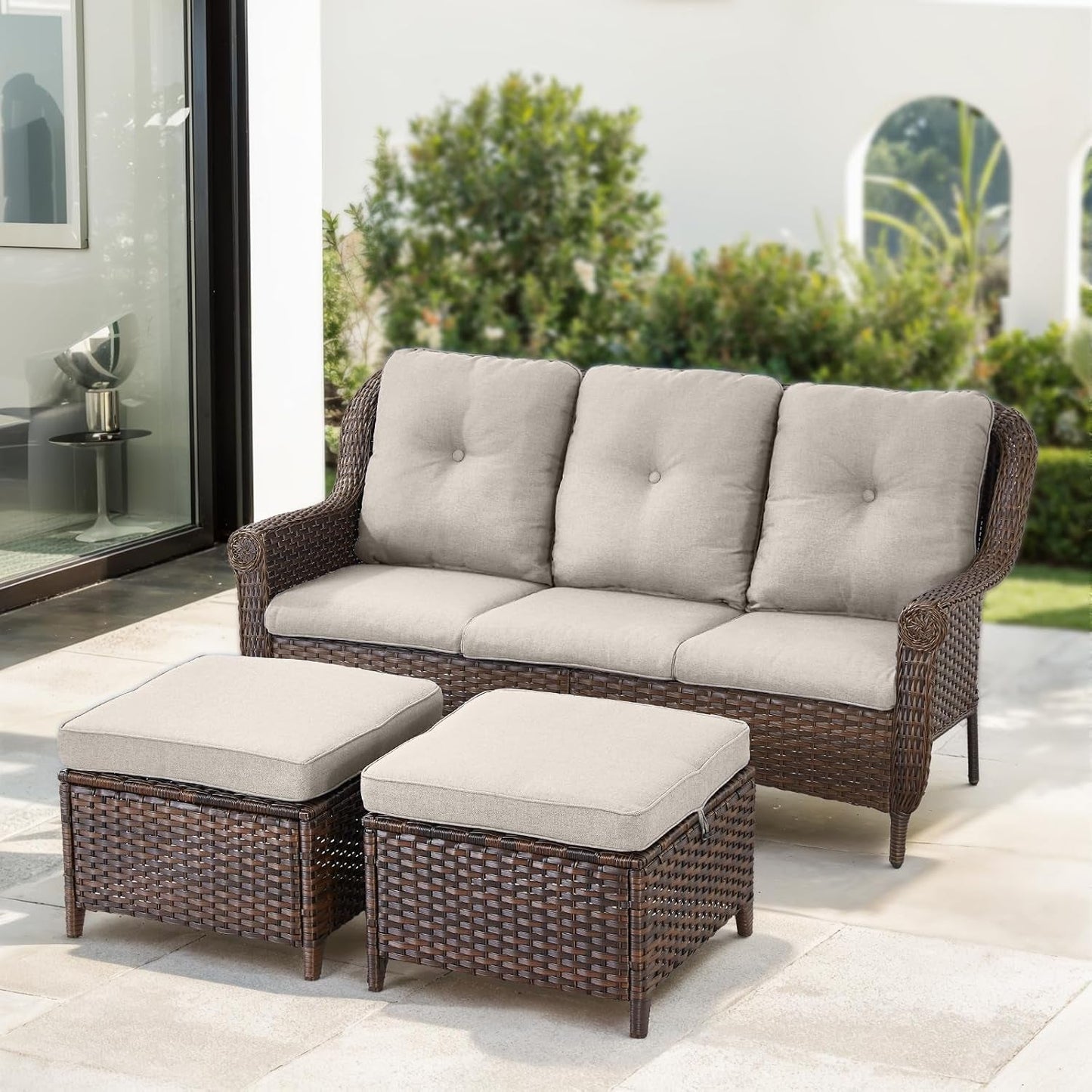 Patio Furniture Set 3PCS Conversation Set Wicker Sofa with 2 Rattan Ottomans Brown Wicker Beige Cushions Chrysanthemum Armest Rattan Couch Set for Garden Balcony Backyard Sunroom-0