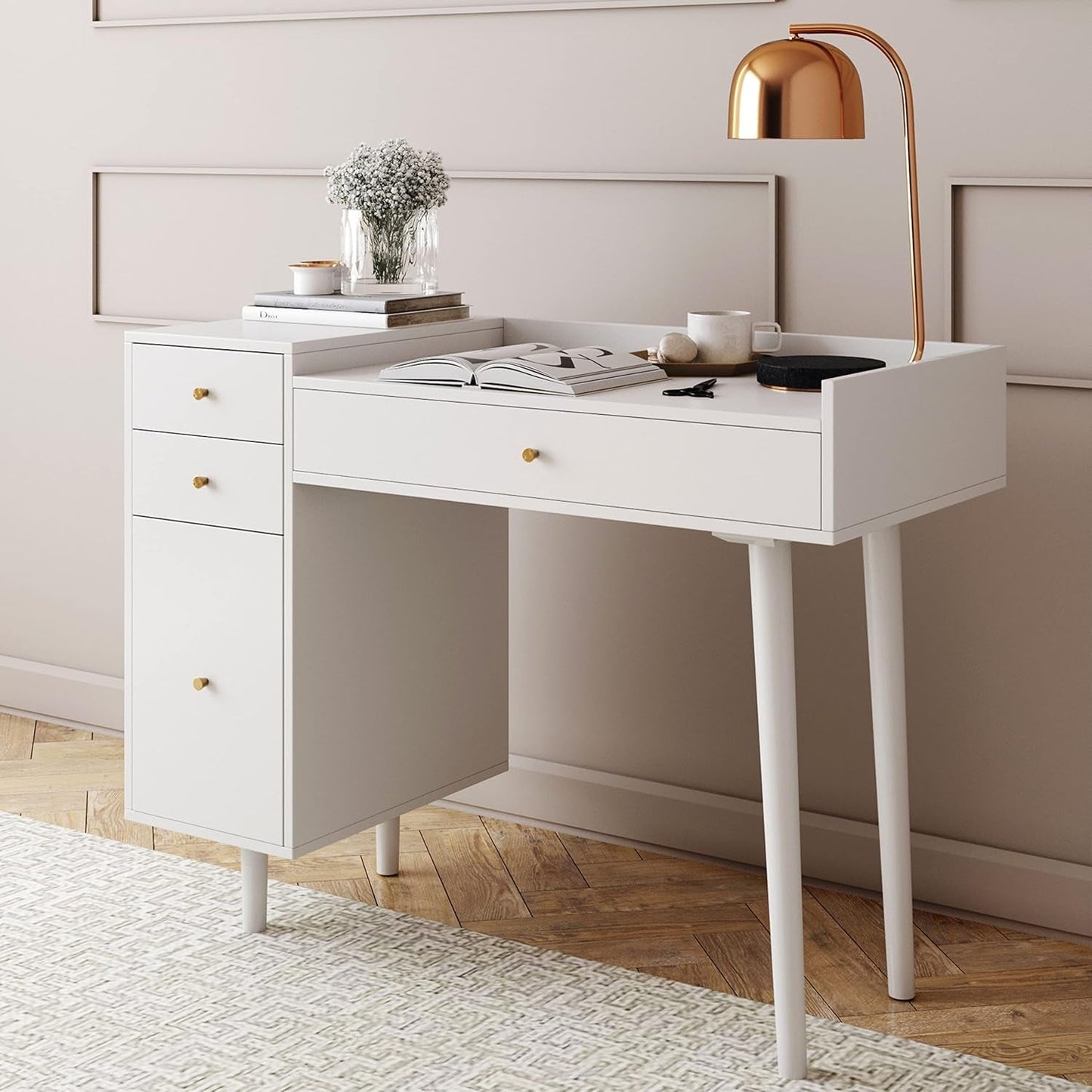 Daisy Vanity Dressing Table or Makeup Desk with 4-Drawers and Brass Accent Knobs, White Wood-0