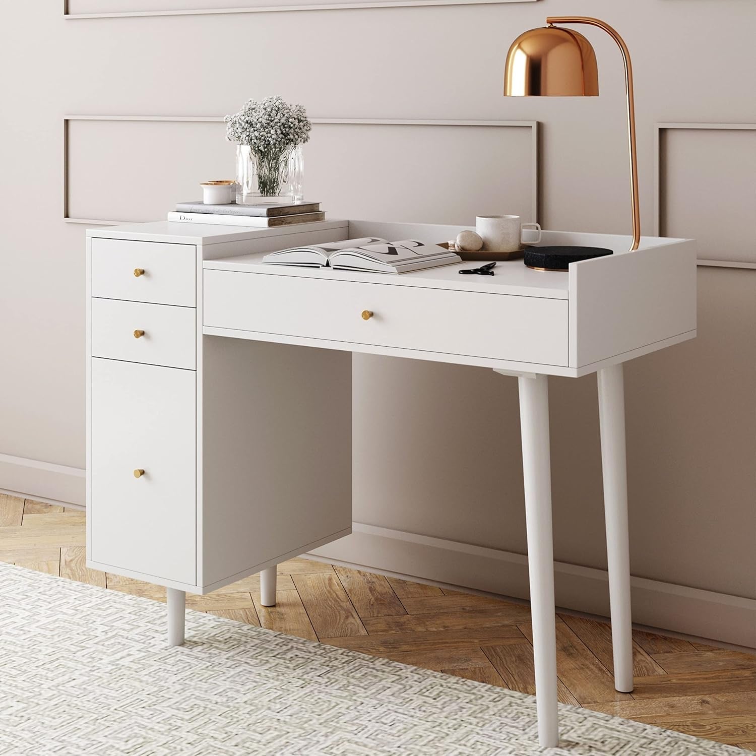 Daisy Vanity Dressing Table or Makeup Desk with 4-Drawers and Brass Accent Knobs, White Wood-0