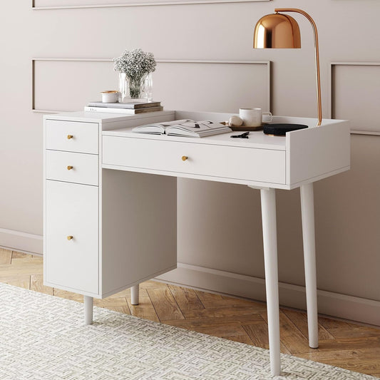 Daisy Vanity Dressing Table or Makeup Desk with 4-Drawers and Brass Accent Knobs, White Wood-0