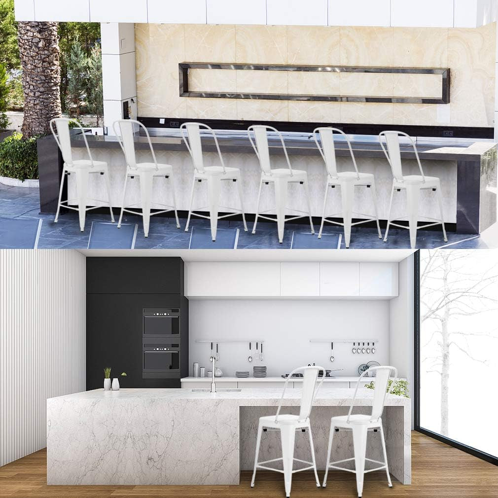 24 Inches Metal Bar Stool Set of 4 Counter Height Barstool with Back Seat, White-3