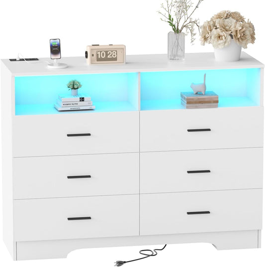 Dresser with Power Outlets and LED Lights Wooden 6 Drawer Dresser with Large Organizer Tall White Dresser for Bedroom Chest of Drawers Closet Modern Dresser for Living Room Kids Room-0