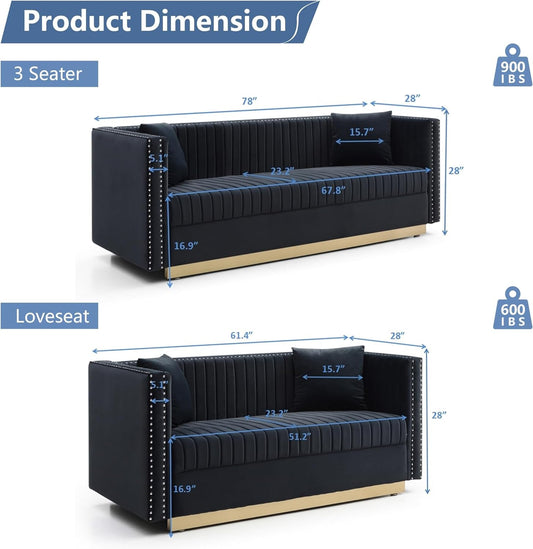 Luxury Velvet Sofa Set for Living Room, Modern Decor Furniture Channel Sofa Couch and Loveseat with Nailhead Gold Metal Legs and 4 Pillows for Bedroom, Hall, Black-1