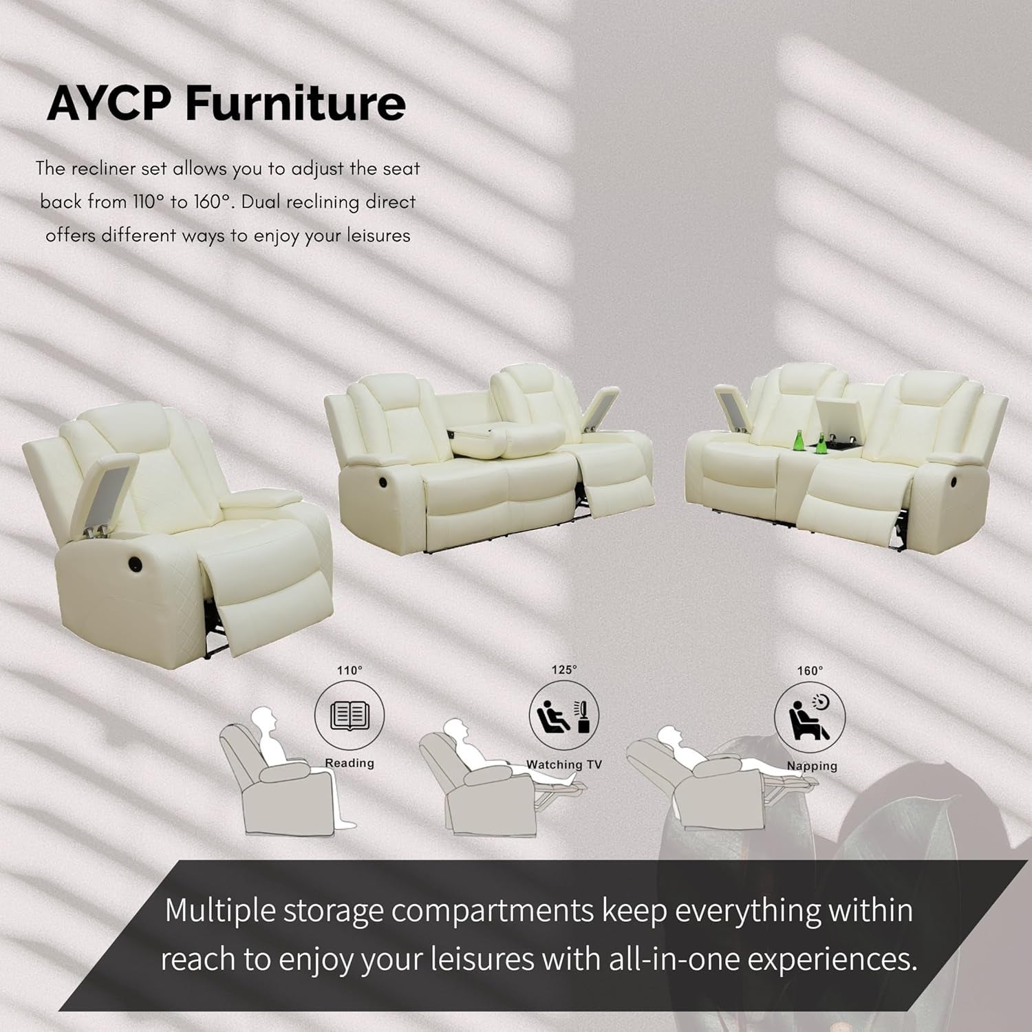 Power Recliner Set with LED Lights, Air Leather Reclining Set with USB Port/Wireless Charger/Storage Console/Cup Holder for House/Hometheater/Apt (Ivory White, Sofa Loveseat Chair)-3