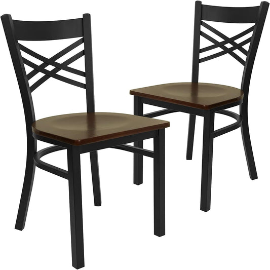 2 Pack HERCULES Series Black ''X'' Back Metal Restaurant Chair - Mahogany Wood Seat-0