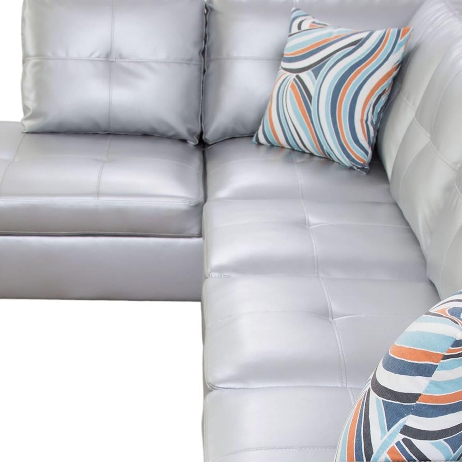 L-Shaped 3-Piece Semi PU Synthetic Leather Sofa with Storage Ottoman Set, Sectional Couch Sofa Set for Living Room, Office, Small Space, Silver White-4