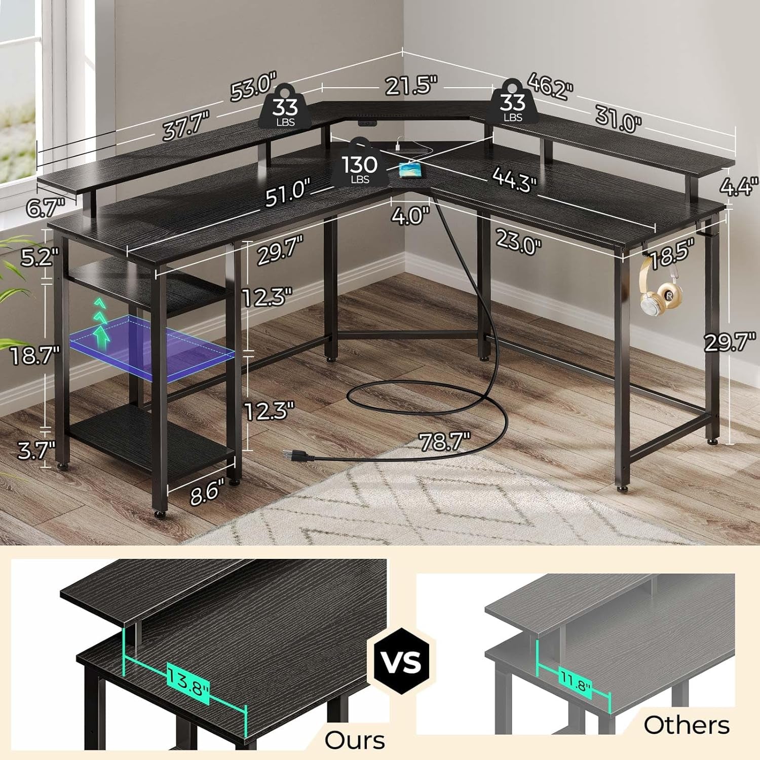 L Shaped Gaming Desk with LED Lights & Power Outlets, 46.2" Computer Desk with Full Monitor Stand & Storage Shelf, Corner Desk with Hooks, Black Desk Reversible-2