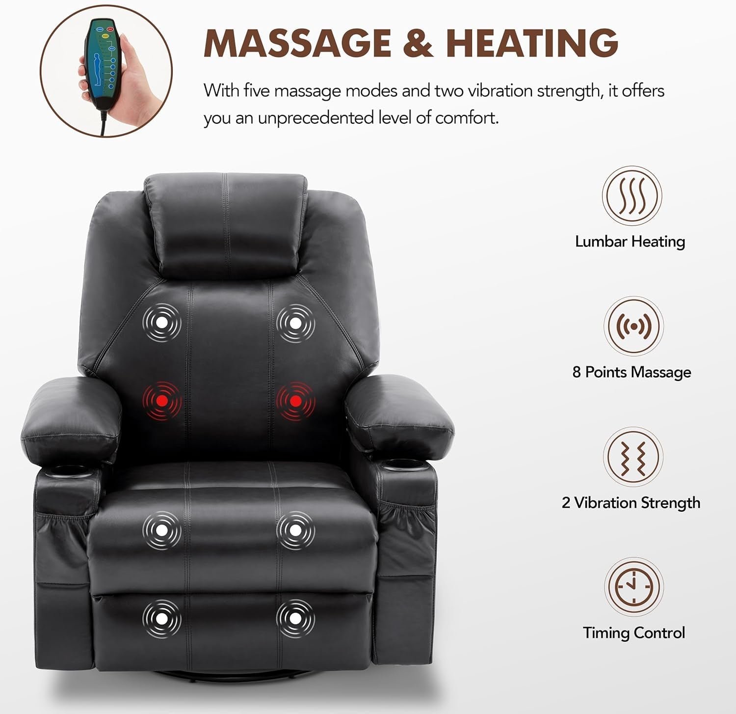 Oversized Swivel Rocker Recliner Chair with Heat and Massage, 360 Degree Swivel Rocking Single Sofa with Cup Holders and USB Port, Big Large Recliner Chair for Living Room (Leather, Black)-4