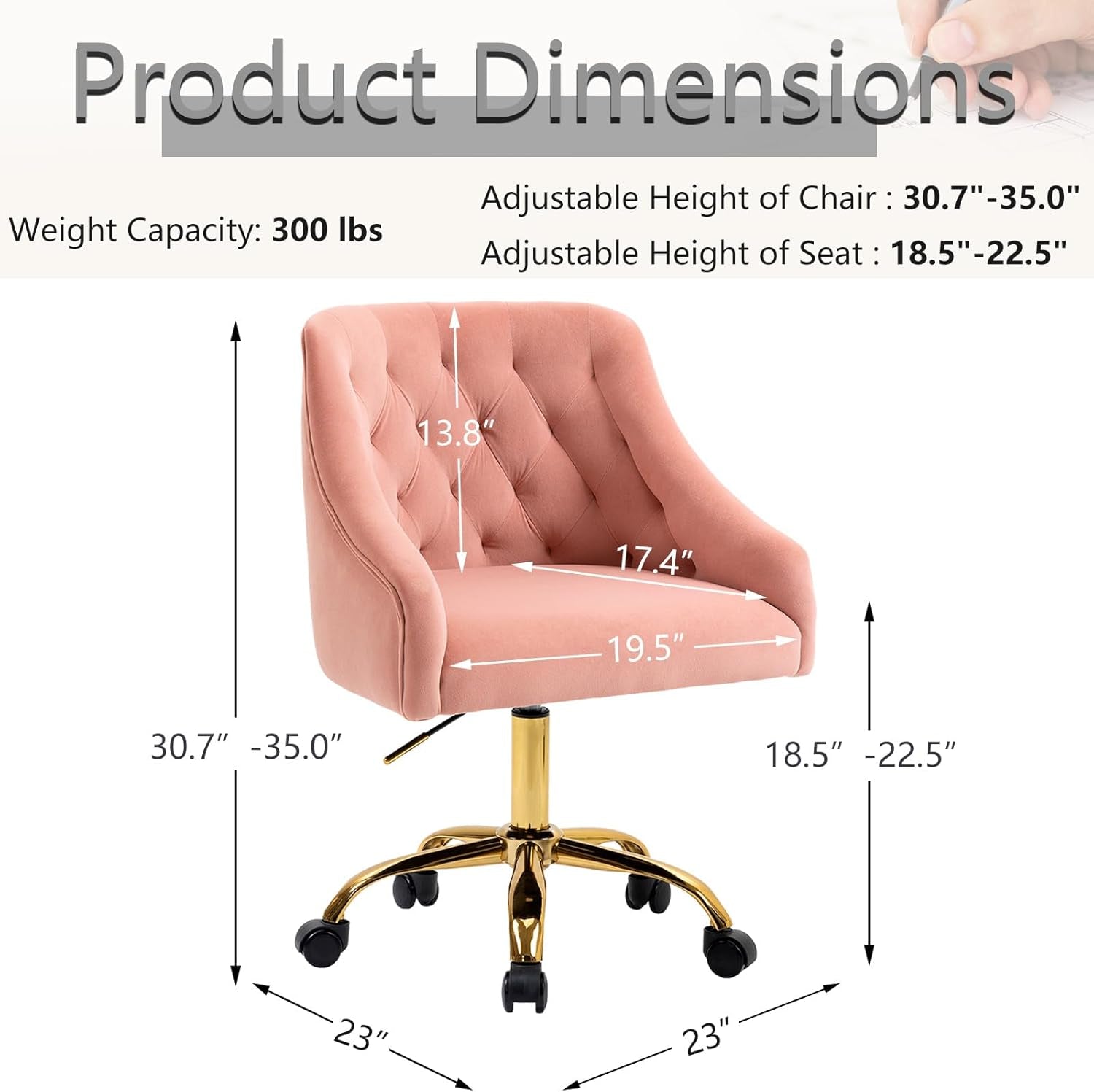 Velvet Office Swivel Chair, Vanity Chair, Fabric Desk Chair, Pretty Fancy Chair, Gold Office Chair for Girls, 360°Swivel Height Adjustable Reception Chair (Pink)-2