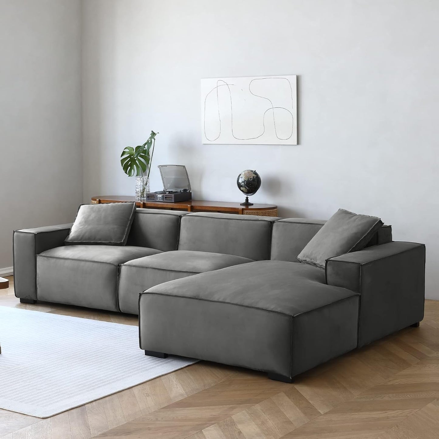 Modern L-Shaped Deep Sectional Sofa Furniture Set for Living Room Lounge, Minimalist Style Comfy Suedette Upholstery Corner Couch with Chaise, Dark Grey-2