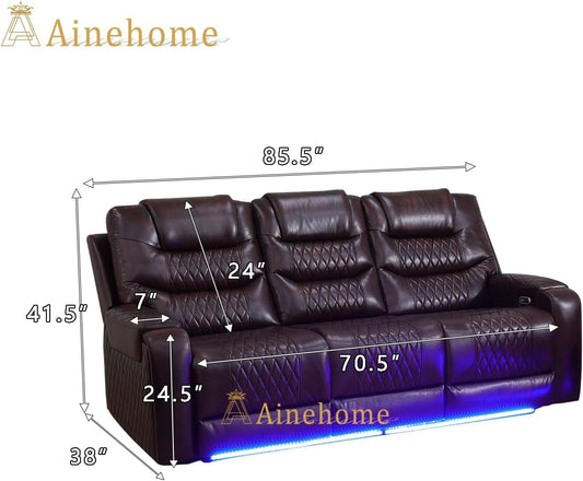 LED Power Recliner Sofa for Living Room Furniture Set, Leather Sectional Sofa Set, Recliner Chair Set Reclining Sofa and Loveseat with USB Port/Storage Console/Cup Holders(Dark Brown Sofa)-1