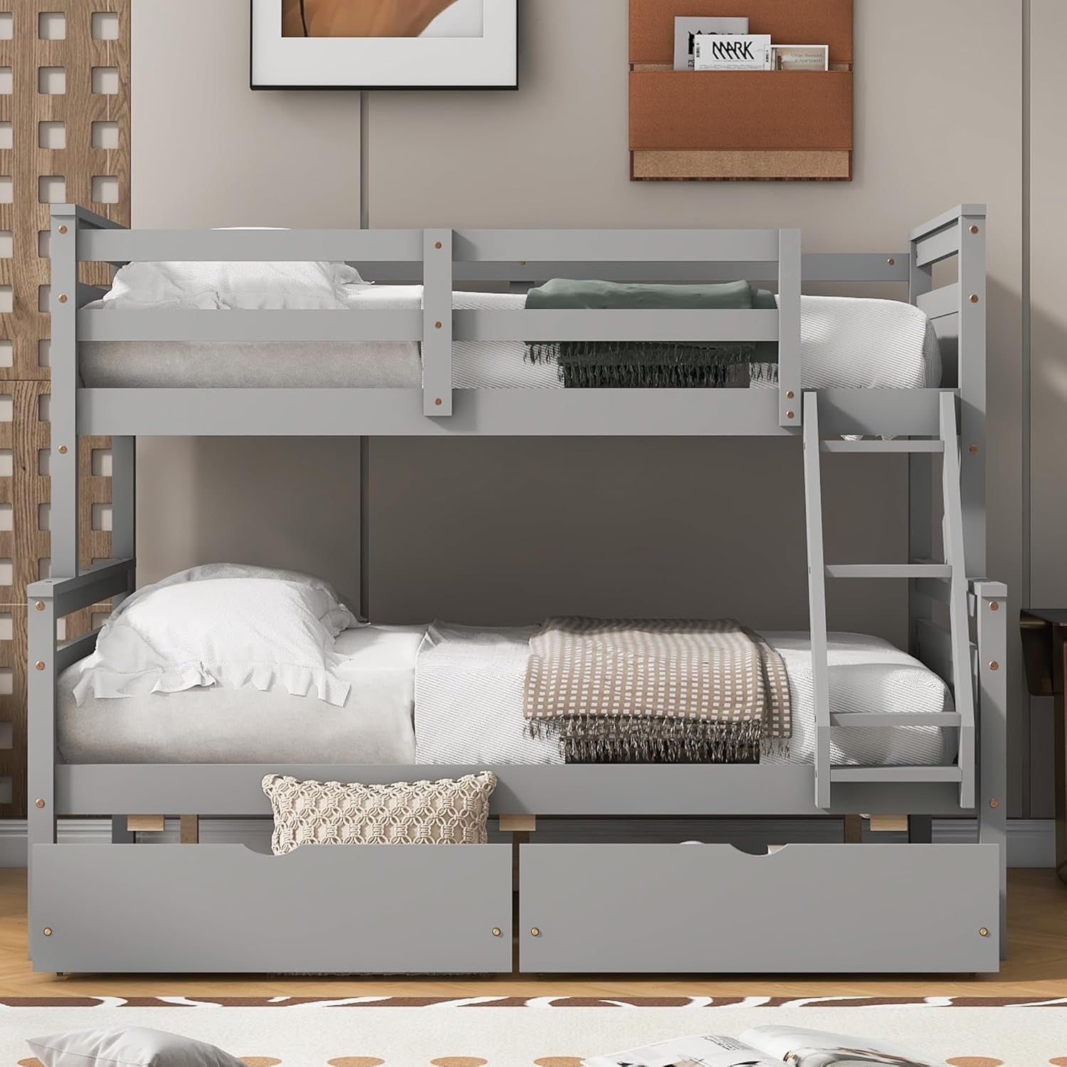 Twin over Full Bunk Bed with 2 Storage Drawers, Ladder and Guardrail, Can Be Converted into 2 Separated Beds, Grey-3
