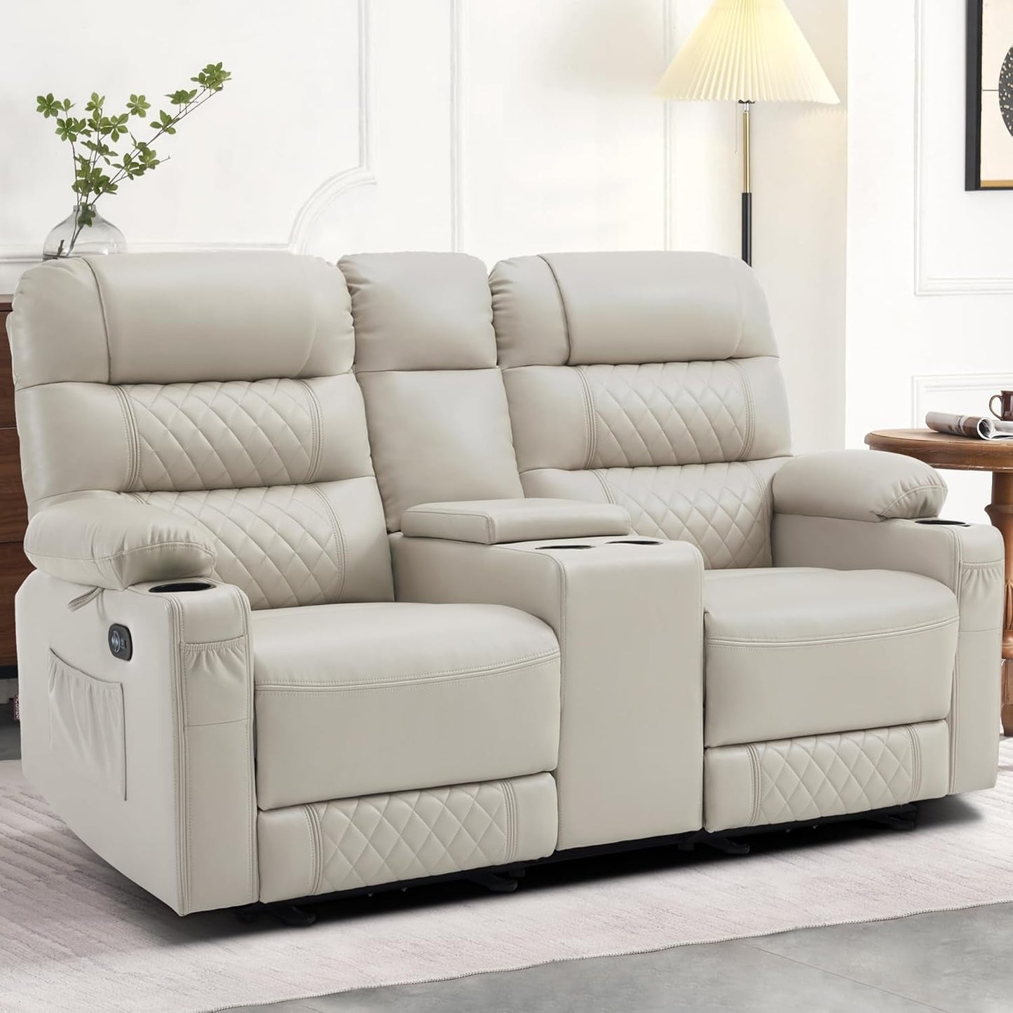 Power Loveseat Recliner with Console, Electric Reclining Loveseat with Heat and Vibration, Cup Holder, USB Charge Port, Faux Leather Recliner Sofa Pr622Sets (Light Grey, Loveseat with Console)-1