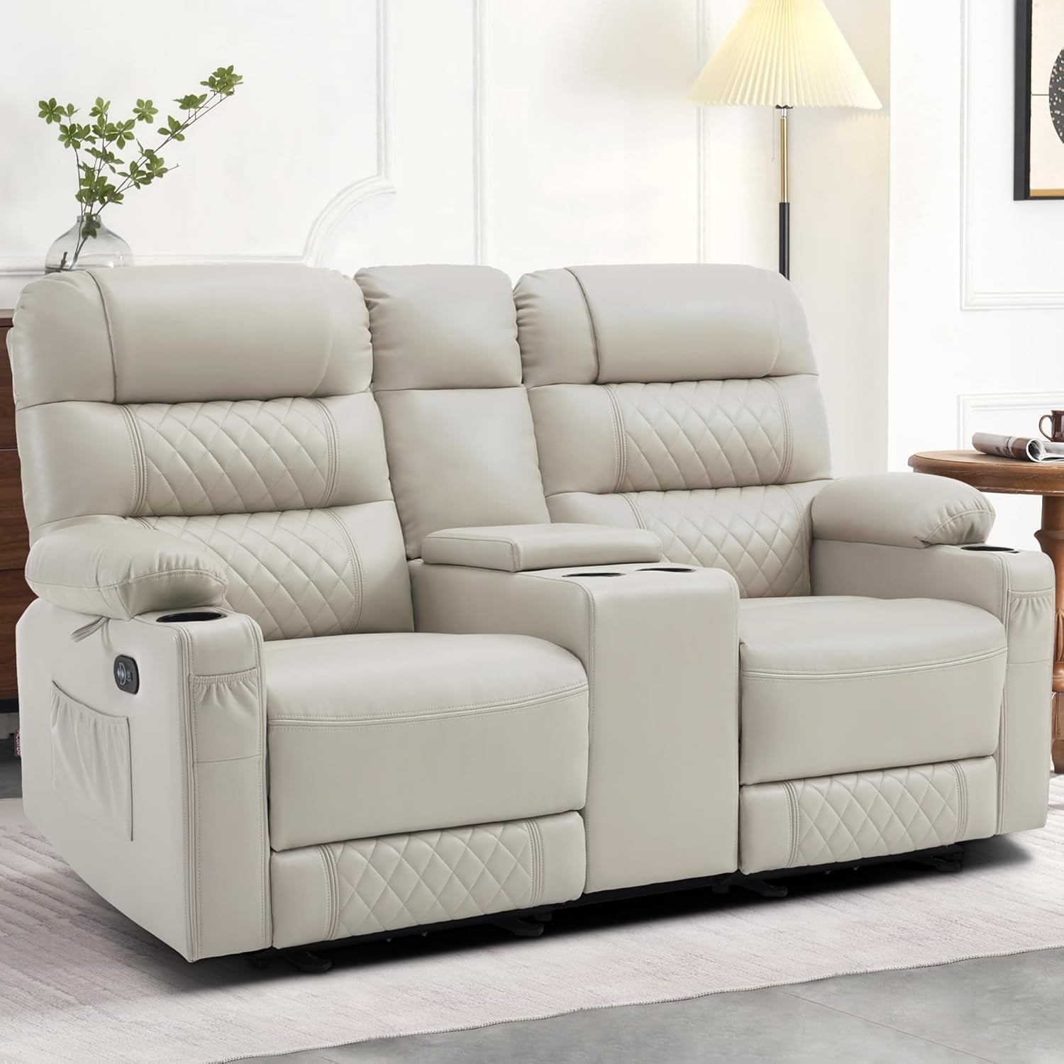 Power Loveseat Recliner with Console, Electric Reclining Loveseat with Heat and Vibration, Cup Holder, USB Charge Port, Faux Leather Recliner Sofa Pr622Sets (Light Grey, Loveseat with Console)-1