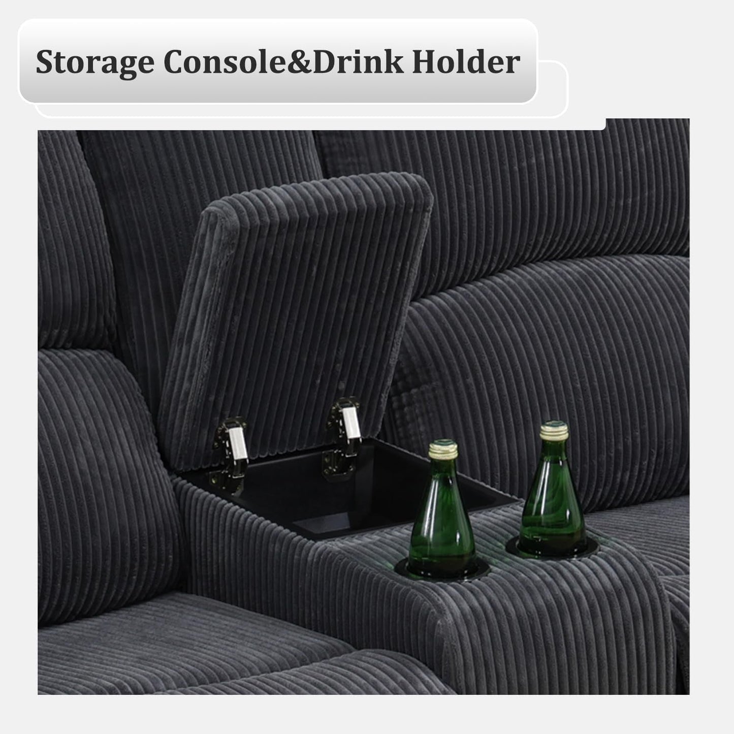 Recliner Sofa Set Living Room Furniture, Flannel Fabric Reclining Sofa Set, Recliner Couch Set with Cup Holders and Storage Console (3 Pieces Living Room Furniture Set, Dark Grey)-3