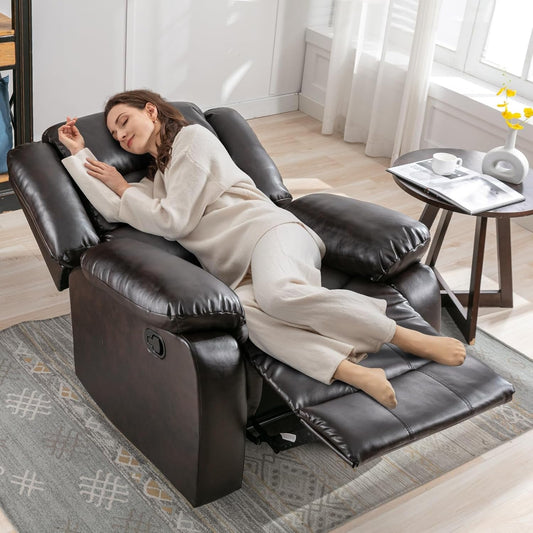 Manual Recliner Chair, Breathable Faux Leather Reclining Chairs with Overstuffed Arm and Back, Living Room Single Sofa Recliners (Dark Brown)-1